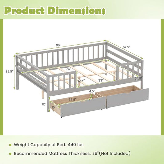 Giantex Full Kids Bed with Storage Drawers, Wood Montessori Bed with Rails & Side Shelf, Low Daybed Bed Frame for Boys Girls, No Box Spring Needed (Grey)