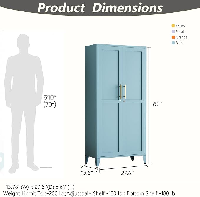 Lockable 61 Inch Tall Metal Storage Cabinet,2-Door Metal Pantry Cabinet with Adjustable Shelves, 4-Tier Steel Storage Locker for Bedroom Kitchen, Home Blue 61" H X 27.6" W X 13.8" D