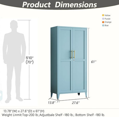 Lockable 61 Inch Tall Metal Storage Cabinet,2-Door Metal Pantry Cabinet with Adjustable Shelves, 4-Tier Steel Storage Locker for Bedroom Kitchen, Home Blue 61" H X 27.6" W X 13.8" D
