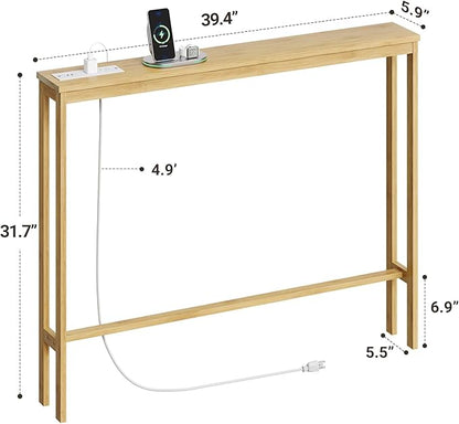 ELYKEN Bamboo Narrow Console Table with Charging Station, Slim Sofa Table Behind Couch, Entryway Table with Outlets for Living Room, Hallway, 5.9 x 39.4 x 31.1in, Natural