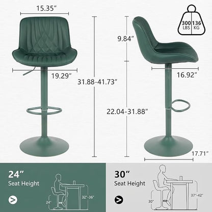 YOUTASTE Faux Leather Bar Stools Set of 2, All Dark Green Upholstered Counter Height Barstools with Back, Adjustable Swivel Stool Chair with Dark Green Metal Base for Home Kitchen Island
