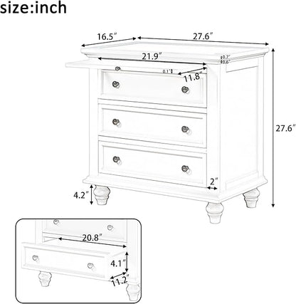 Merax Nightstand with Drawers Set of 2, Wood Bedside End Table with Pull Out Tray, White(No Guide Rails)