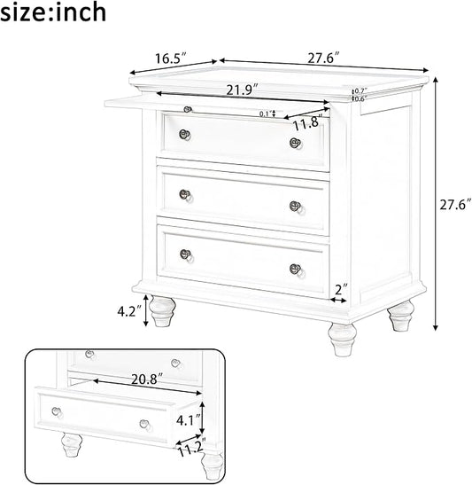 Merax Nightstand with Drawers Set of 2, Wood Bedside End Table with Pull Out Tray, White(No Guide Rails)