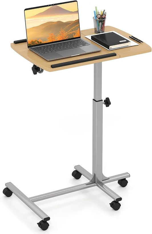 Tangkula Mobile Overbed Table Couch Table, Rolling Angle & Height Adjustable Laptop Stand Cart, Laptop Desk with Smooth & Lockable Wheels, Tray Table for Bed Sofa Side (Natural)