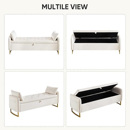65" End of Bed Storage Bench, Velvet Storage Bench for Bedroom, Bed Bench with Storage, Tufted Upholstered and Gold Legs, Bedroom Benches with Arms for Living Room Window and Entryway Beige