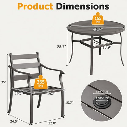 EROMMY 5-Piece Round Outdoor Patio Dining Set, 4 Metal Slat Chairs & Round Table with Umbrella Hole, All-Weather Outdoor Furniture for Backyard, Garden and Poolside
