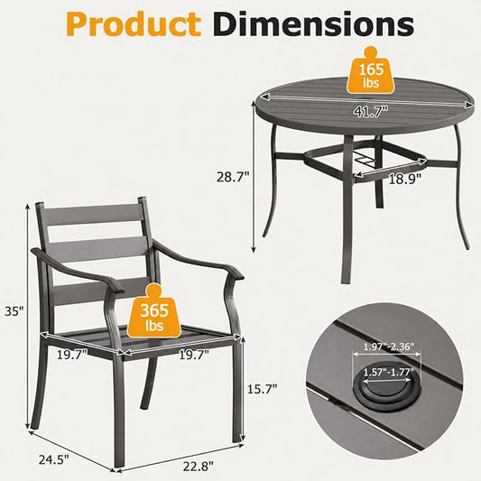EROMMY 5-Piece Round Outdoor Patio Dining Set, 4 Metal Slat Chairs & Round Table with Umbrella Hole, All-Weather Outdoor Furniture for Backyard, Garden and Poolside