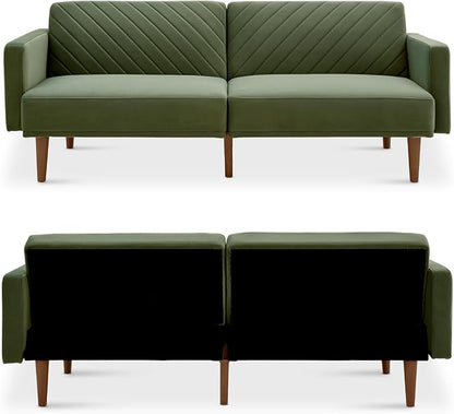 mopio 76.4" Futon Sofa Bed, Couch, Loveseat, Sleeper Sofa, Mid Century Modern Futon Couch, Sofa Cama, Couches for Living Room (Olive Green Premium Velvet)