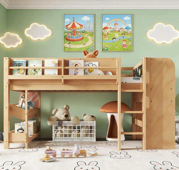 Bellemave Twin Size Low loft Bed with Desk and bookcases, Boxes and Drawers for Kids,Wood Modern Farmhouse Kids Loft Beds with Shelf, Natural