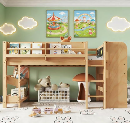 Bellemave Twin Size Low loft Bed with Desk and bookcases, Boxes and Drawers for Kids,Wood Modern Farmhouse Kids Loft Beds with Shelf, Natural
