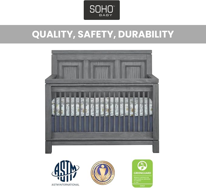 Soho Baby Manchester Premium 4-in-1 Convertible Crib, Flat-Top Headboard, Rustic Gray, GreenGuard Gold Certified