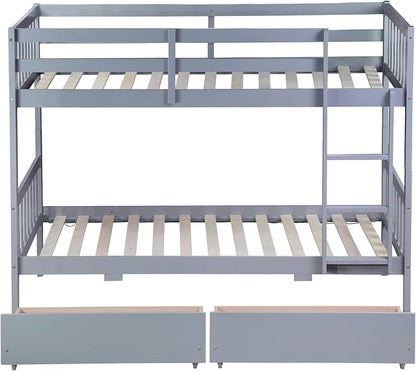 Harper & Bright Designs Twin Over Twin Bunk Bed with 2 Drawers, Convertible into 2 Twin Beds, Twin Bunk Bed with Ladder and Safety Guardrails, Gray