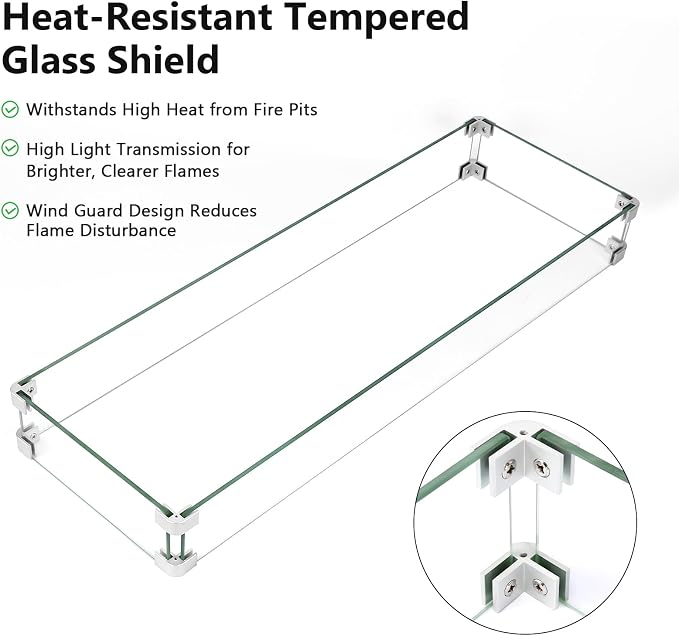 GRISUN Upgraded 30" x 10" Drop-in Fire Pit Kit with Glass Wind Guard & Lid, Linear Fire Pit Burner Pan, Stainless Steel Fire Pit Insert with Spark Ignition
