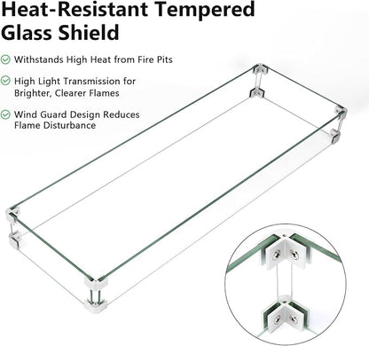 GRISUN Upgraded 30" x 10" Drop-in Fire Pit Kit with Glass Wind Guard & Lid, Linear Fire Pit Burner Pan, Stainless Steel Fire Pit Insert with Spark Ignition