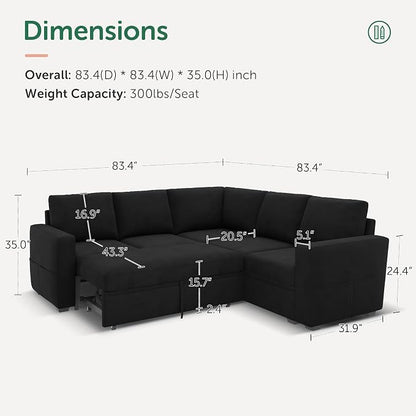 HONBAY Modular Sectional Sleeper Sofa with Pull-Out Bed, Velvet L-Shaped Sofa with Storage Seat, Sectional Sofas for the Living Room, Black