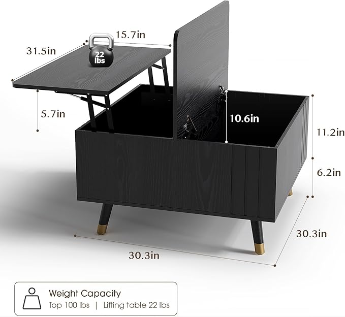 Lift Top Coffee Table with Storage, 32" Black Center Table for Living Room, Square Dinning Table with Solid Wood Legs