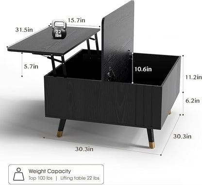 Lift Top Coffee Table with Storage, 32" Black Center Table for Living Room, Square Dinning Table with Solid Wood Legs