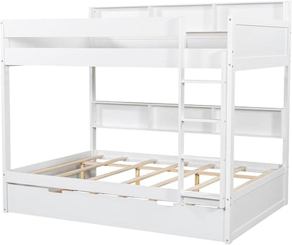 Harper & Bright Designs Rustic Wood Bunk Bed with Pull-Out Trundle, Full Over Full Wooden Bunk Bed with Large Cabinet Beside Upper and Down Bed, White