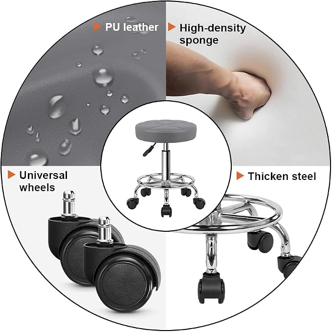 KKTONER Round Rolling Stool Chair PU Leather Height Adjustable Swivel Drafting Work SPA Shop Salon Stools with Wheels Office Chair Small (Gray)