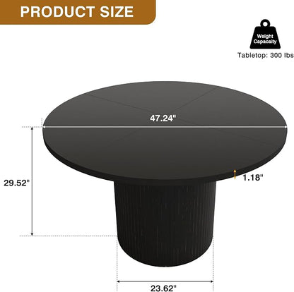 47 Inch Round Dining Table, Farmhouse Fluted Dining Kitchen Table, Modern Wood Small Circle Dining Table for Kitchen Living Room, Black