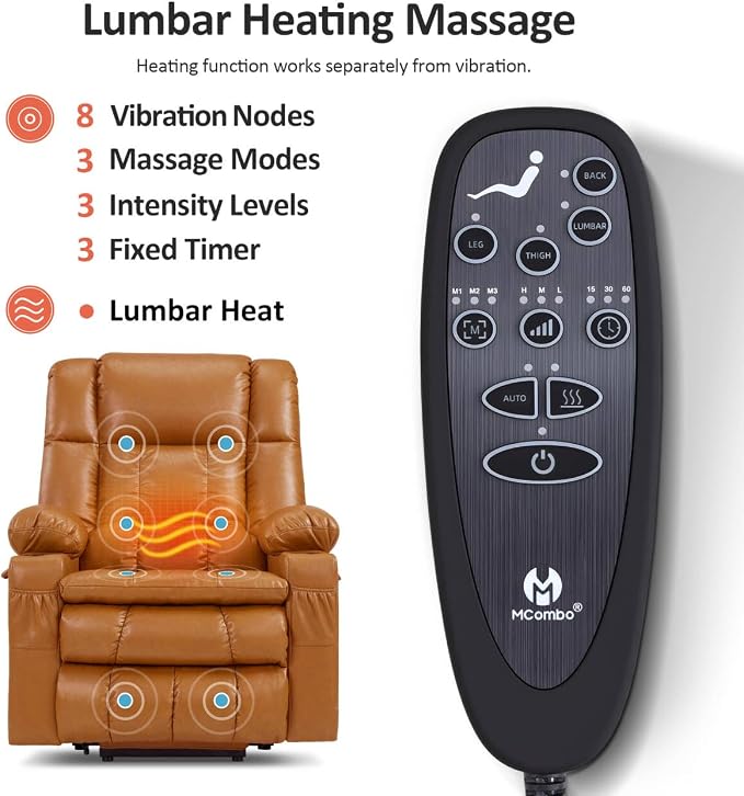 MCombo Dual Motor Power Lift Recliner Chair for Elderly, Lay Flat Lift Chair with Heat and Massage, Cup Holders, USB Ports, Faux Leather 7890 (Tawny, Medium)