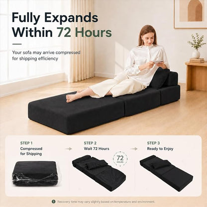 Folding Sofa Bed, Convertible Sleeper Chair with Pillow, Foldable Mattress & Back Support, Portable Floor Lounger Futon for Apartment, Dorm, Living Room, Bedroom, Grey (Black)