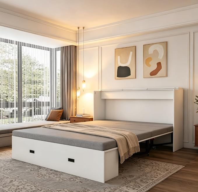 Bellemave Full Murphy Bed with Mattresses and Charging Stations and Storage Drawer, Farmhouse Murphy Cabinet Bed with Foldable Panel, Noisy Free, for Guest Bedroom, Living Room, White