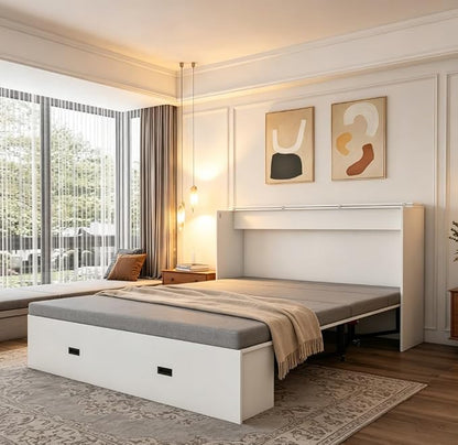 Bellemave Full Murphy Bed with Mattresses and Charging Stations and Storage Drawer, Farmhouse Murphy Cabinet Bed with Foldable Panel, Noisy Free, for Guest Bedroom, Living Room, White