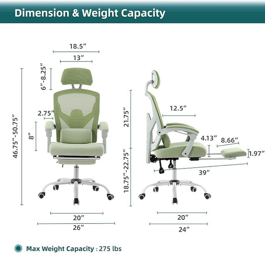 DUMOS Home Office Desk Chair with Footrest, High-Back Mesh Rolling Swivel Reclining Chairs with Wheels, Comfortable Headrest, Lumbar Support, Comfy Arms for Home, Office, Gaming, Elegant Green