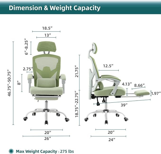 DUMOS Office Desk Computer Chair with Footrest, Ergonomic Mesh Swivel Gaming Chair with Rolling Wheels, Comfortable Headrest, Lumbar Support, Comfy for Home, Office, Task, Student, Elegant Green
