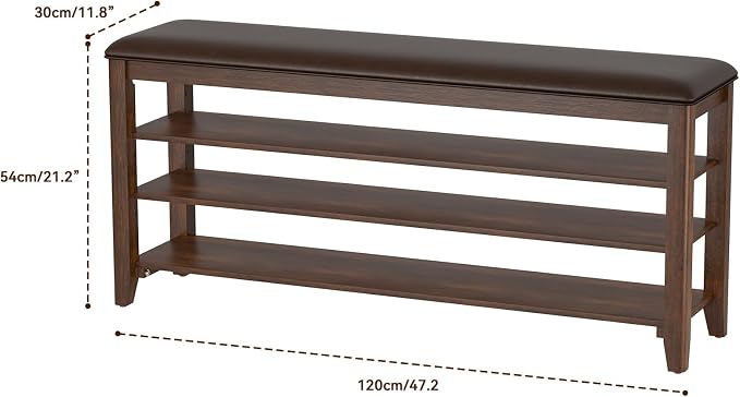 Taitiy Shoe Bench Storage Rubberwood with Leather Cushion for Entryway Bench Ideal for Hallways Shoe Rack Front Doors Entrances Mudrooms Featuring 3 Height-Adjustable and Removable Shelves