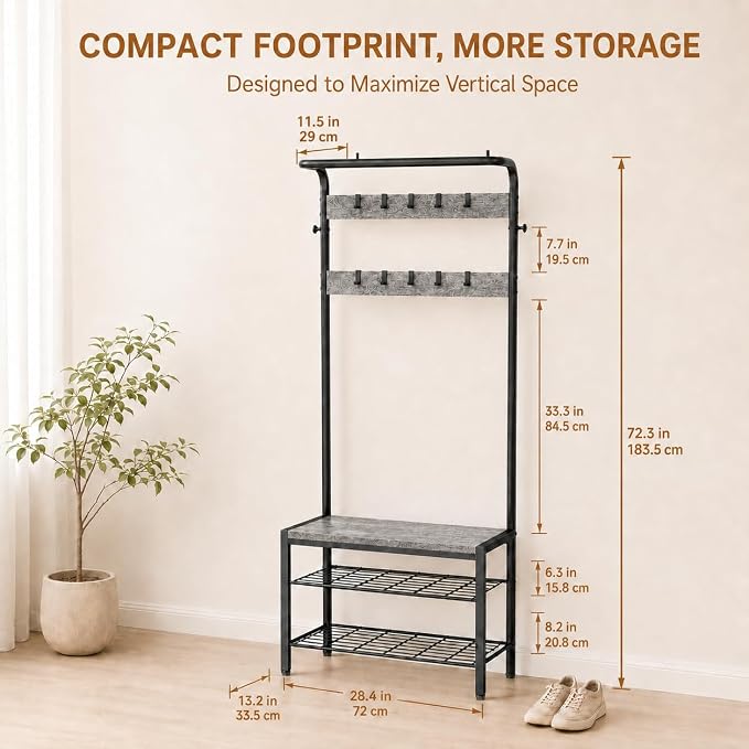 Simple Deluxe 4-in-1 Entryway Coat Rack, Hall Tree with Bench and Shoe Storage, Mudroom Bench with Storage and 10 Hooks Hall Tree Organizer for Entryway, Bedroom, Grey