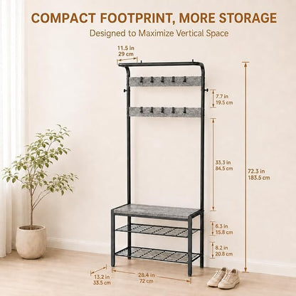 Simple Deluxe 4-in-1 Entryway Coat Rack, Hall Tree with Bench and Shoe Storage, Mudroom Bench with Storage and 10 Hooks Hall Tree Organizer for Entryway, Bedroom, Grey