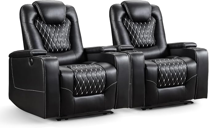 ANJ Power Recliner Chair with USB Ports and Cup Holders - Overstuffed Electric Home Theater Seating PU Leather Reclining Furniture with Hidden Arm Storage, Easy to Clean (Set of 2, Black)