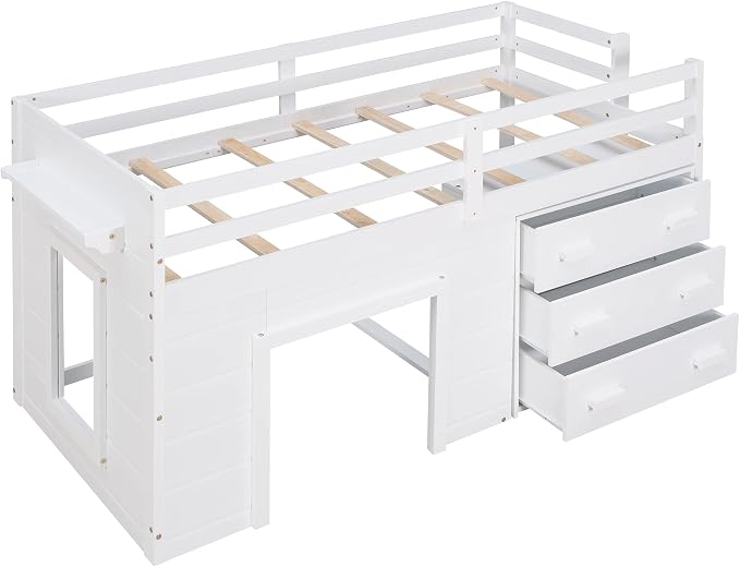 Bellemave Twin Size Low loft Bed for Kids,Wood Modern Farmhouse Twin Loft Bed with and Drawer Storage, No Box Spring Needed, White