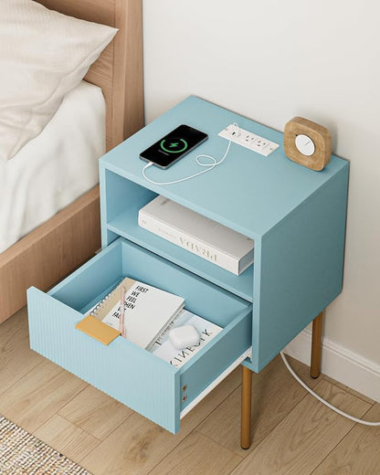 Masupu Nightstand with Charging Station,Mid-Century Modern Bedside Table with Storage Drawer and Open Wood Shelf,Small Gold Frame Side Table for Bedroom,Living Room (Blue)