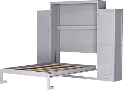 Merax Queen Size Wood Murphy Bed, with 2 Wardrobe and Storage Shelf, Multifunctional Foldable Wall Platform Bedframe for Guest-Room, Bedroom, Gray