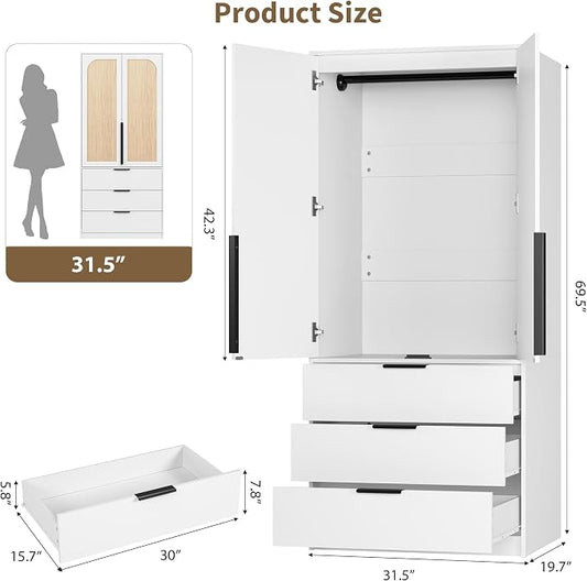 GarveeHome Armoire Wardrobe Closet, 69.5 in Wooden Wardrobe Cabinet with 3 Drawers, Hanging Rod, 2 Doors Clothing Storage Cabinet for Bedroom, Large Capacity Storage, Rattan Door, White