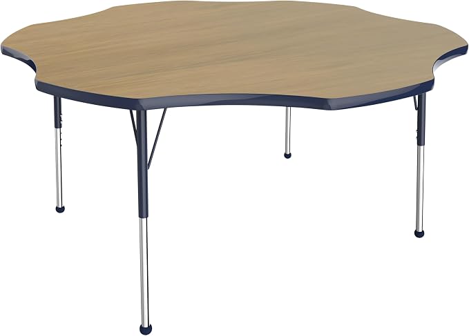FDP Flower (60 x 60 inch) Collaborative Classroom Table with Adjustable Standard Ball Glide Legs (19-30 in); School and Office Furniture - Pasadena Oak Top/Navy Edge and Legs