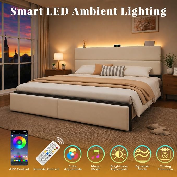 Queen Bed Frame with 2 Storage Drawers, Beige Velvet Upholstered | Platform Bed with Charging Ledge, LED Headboard Lighting, Metal Support, Noise Free, No Box Spring Needed, Easy Assembly