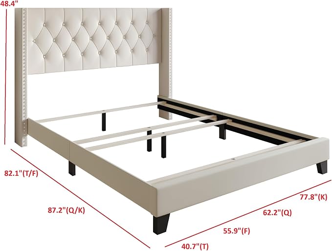 HOME DESIGN Homer Queen Tufted Wingback Upholstered Panel Bed with 2 Matching 1 Drawer Nightstands, Bedroom Furniture Set with Open Shelf Storage, Light Beige Black