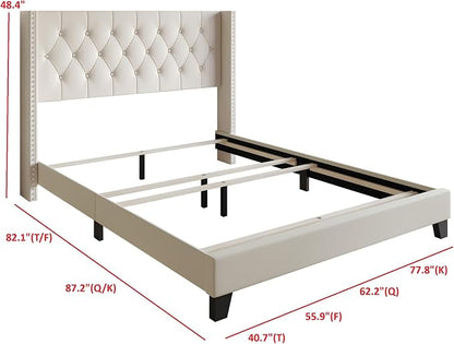 HOME DESIGN Homer Queen Tufted Wingback Upholstered Panel Bed with 2 Matching 1 Drawer Nightstands, Bedroom Furniture Set with Open Shelf Storage, Light Beige Black