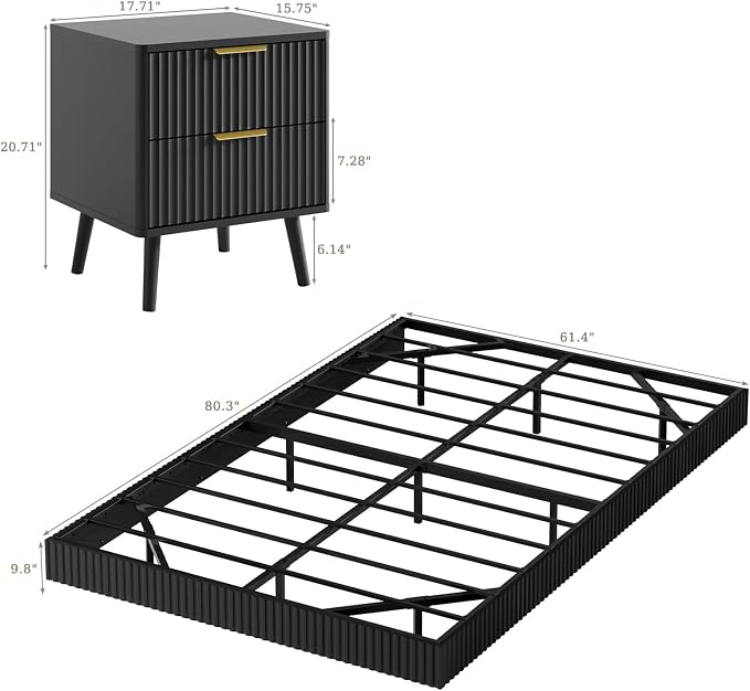 LYNSOM 3 Pieces Queen Bedroom Set, Floating Bed Frame with Smart LED Lights & Nightstand Set of 2, Fluted Bedroom Furniture Set for Home, Bedroom, Black