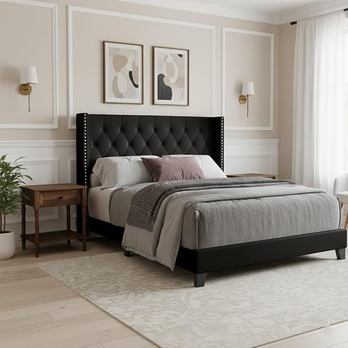 HOME DESIGN Homer Queen Tufted Wingback Upholstered Panel Bed with 2 Matching 1 Drawer Nightstands, Bedroom Furniture Set with Open Shelf Storage, Black Brown
