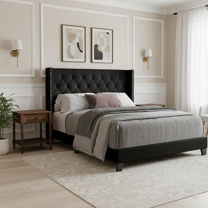 HOME DESIGN Homer Queen Tufted Wingback Upholstered Panel Bed with 2 Matching 1 Drawer Nightstands, Bedroom Furniture Set with Open Shelf Storage, Black Brown