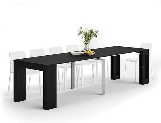 Mobili Fiver, Easy, Extendable Console Table with Extension Leaves Holder, 17.7(120.1) x35.4 in, Ashwood Black, Made in Italy