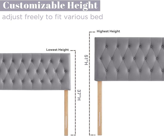 Tufted Upholstered Queen Size Bed Headboard in Modern Button Design, Adjustable Solid Wood Head Board, Premium Velvet Fabric Padded Headboards in Bedroom (Gray, Queen)