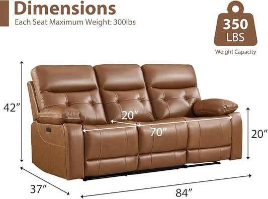 CANMOV Genuine Leather Power Recliner Sofa,3 Seater Reclining Sofa with Comfortable Arms and Back,Modern Electric Recliner Couch Set with Hidden Cup Holders,USB Port for Living Room,Brown