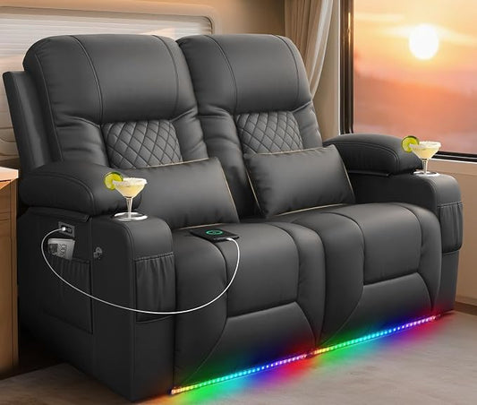 Power RV Loveseat Recliner Sofa, Reclining Loveseat Home Theater Seating with USB Ports, Cup Holders, Wall Hugger Recliners for Movie Room, Recline Movie Seats Gaming Sofa, Gray