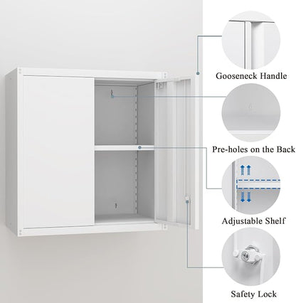 Metal Wall Cabinets, Kitchen Wall Hanging Cabinet, Locking Steel Storage Cabinets with Adjustable Shelves and Locking Doors, Wall Mount Tool Cabinet for Garage, Home, White